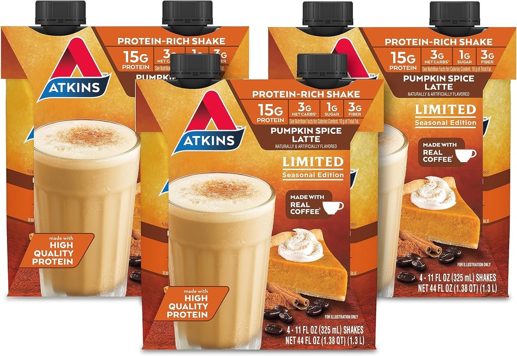 Atkins Kõrvitsavürts Latte, 15 g valku, 3 g Net Carbs, 1 g Suhkur, Madal Glükeemiline, Keto Sõbralik, 12 Count