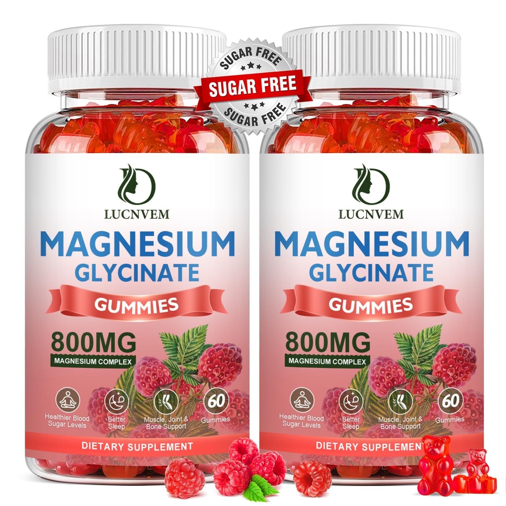 (2 pakend suhkruvaba magneesiumglütsinaatkummid, 500mg magneesiumglütsinaat koos 200mg magneesiummalaat, tauraat, oksiid, COQ10, vitamiin B6 ja D3, une ja rahu tugi, 120 vaarikakummid
