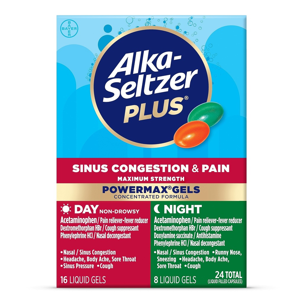 Alka-Seltzer Plus maksimaalne tugevus PowerMax Sinus'i ummistus ja valumeditsiin, päev + öine vedelikgeelid - võimas külma ja gripi leevendamine, + Siinus ummistus täiskasvanutele ja lastele 12+ Aastad, 24 krahv