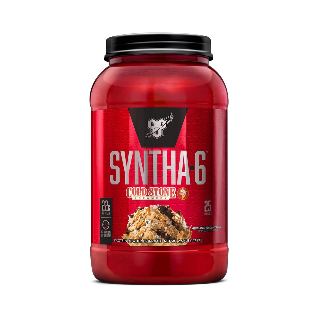 BSN Syntha-6 vadakuvalgu pulber, külmkivikreem – Germanchökolätekäke Maitseaine, micellar kaseiin, piimavalgu isolaatpulber, 25 Servingut