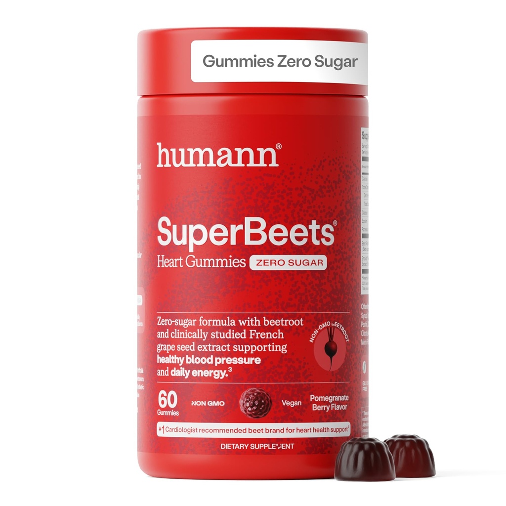 HumanN SuperBeets Heart Gummies - Beet Gummy koos energia toetusega, Viinamarjaseemne ekstrakt ja peedipulber, Suhkruvaba - Granaatõunamarjamahl, 60 krahv