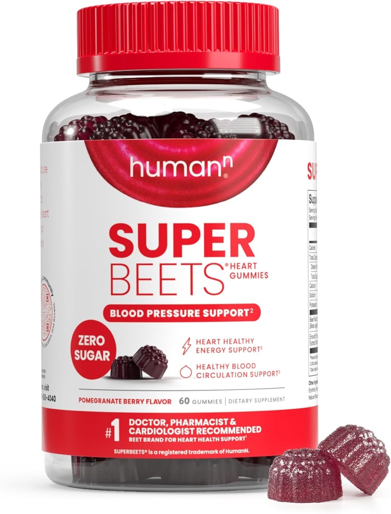 HumanN SuperBeets Heart Gummies - Beet Gummy with Energy Support, Grape Seed Extract & Beetroot Powder, Sugar Free - Pomegranate Berry Flavor, 60 Count
