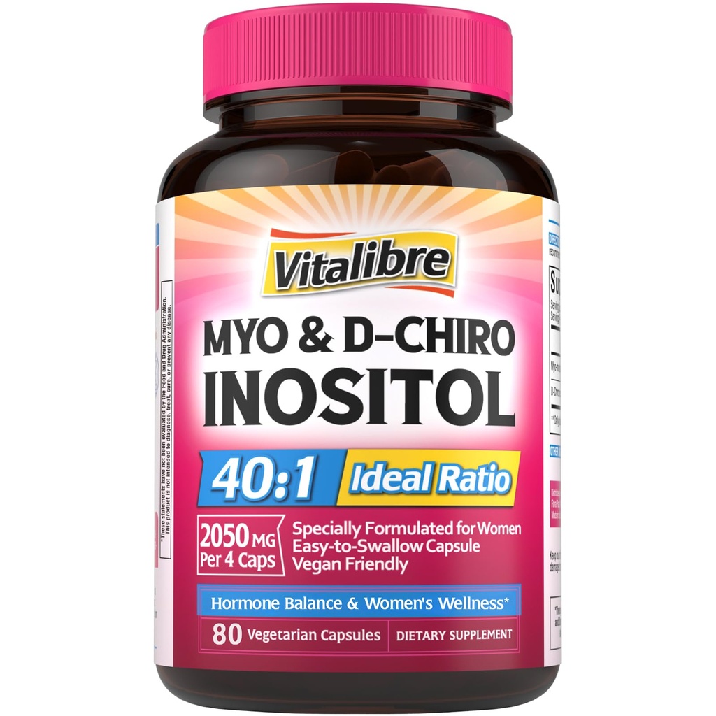 Inositool Supplement, Myo-Inositool & D-Chiro Inositool Fertility Supplements naistele, 40: 1 Ideaalne suhe, hormoonide tasakaal ja munasarjade tugi, 80 Vegan kapslid