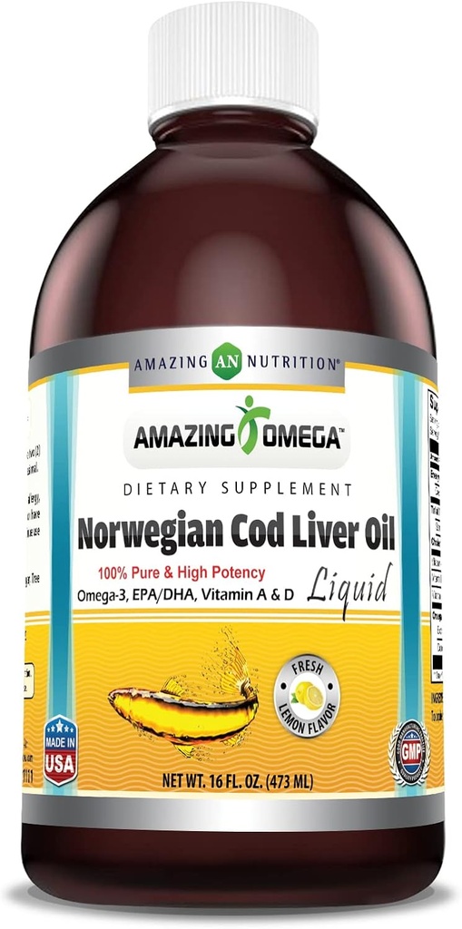 Amazing Omega Norwegian Cod Liver Oil 16 Oz 473 ml Supplement | Lemon Flavor | Extracted Under Strict Quality Standards from Around The Waters of Norway | Non-GMO | Gluten Free
