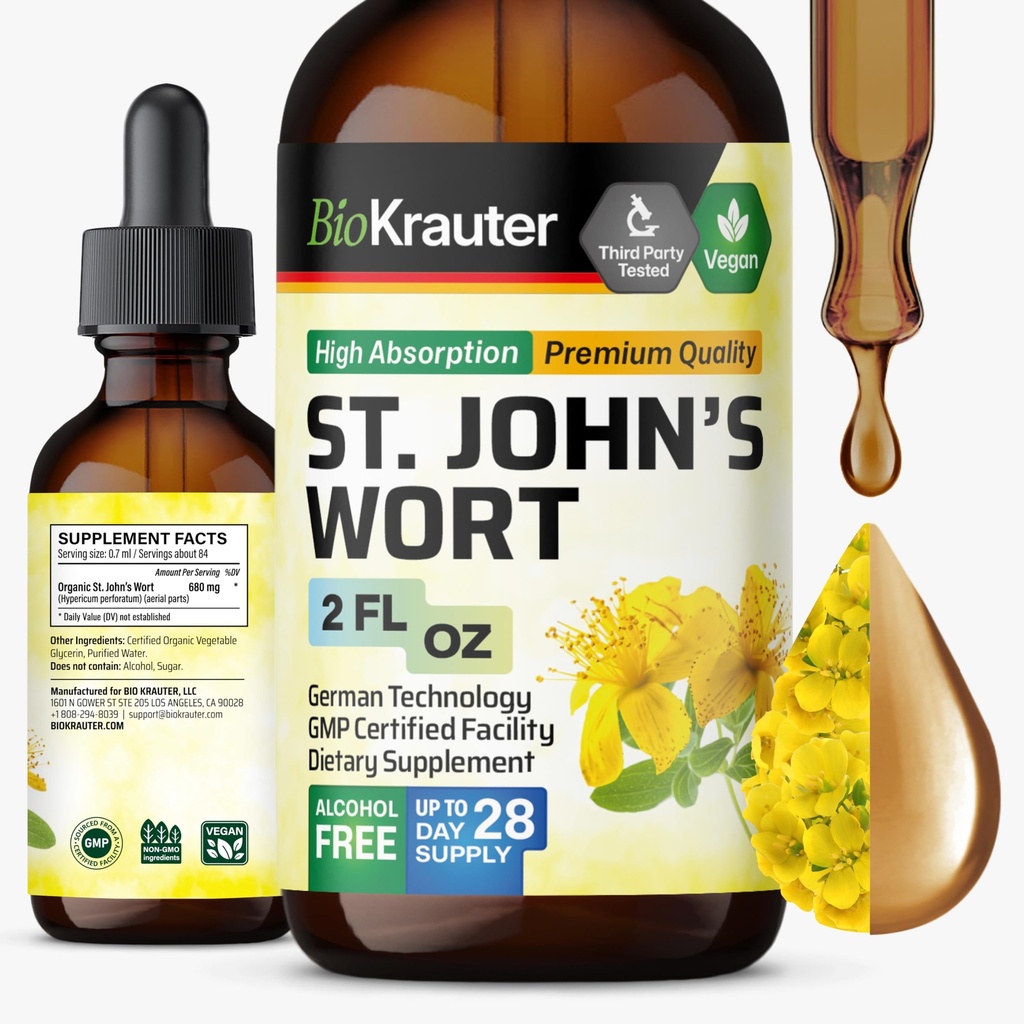 BIO KRAUTER Naistepuna tinktuur - Hypericum Perforatum Vedelik Ekstrakt meeleolu toetamiseks - Suur imendumine - Vegan langeb 2 Fl.Oz.