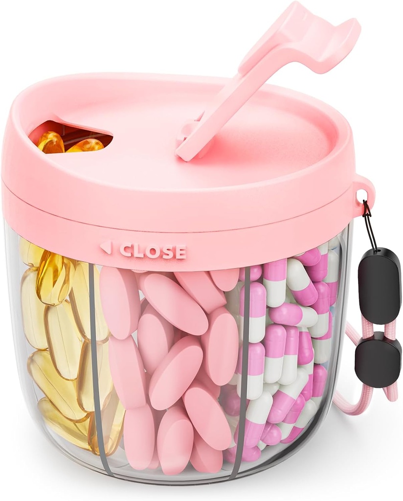 Cute Pill Dispenser 7 suurt komponenti, kaasaskantav Pill Pudeli Korraldaja Laia Avamisega Lihtne Kasutamine, Anti-Mix Pill Korraldaja Reisimiseks, BPA-Free Pill Container, Roosa