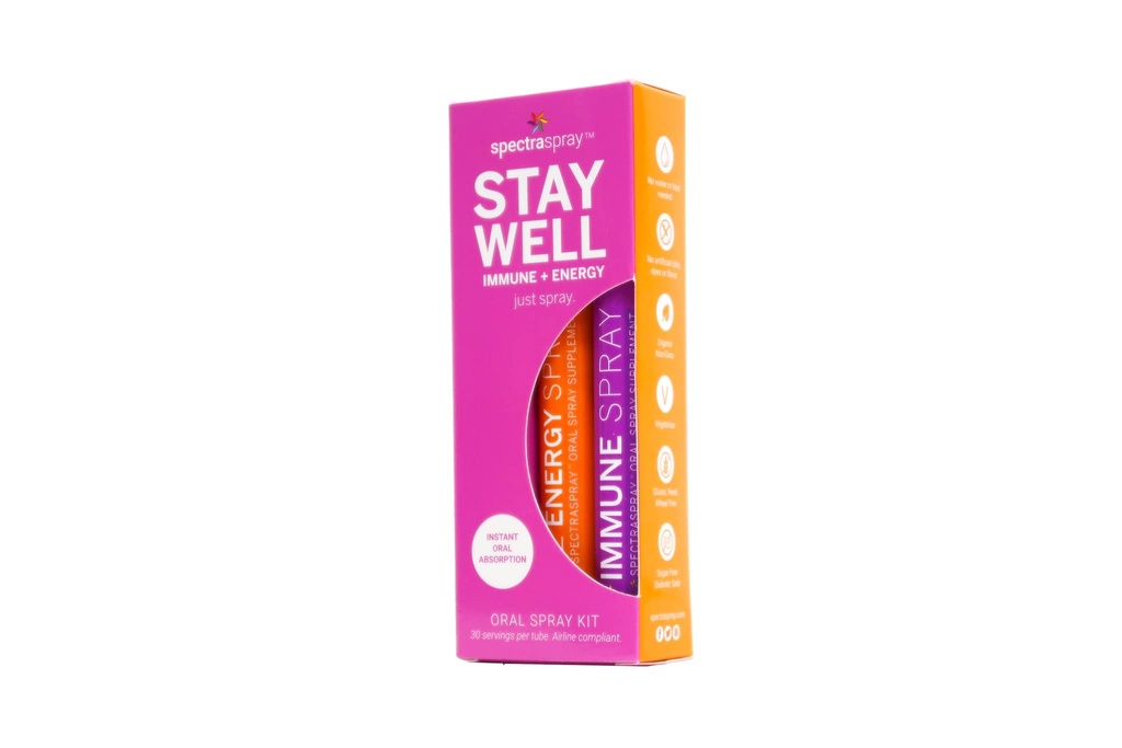 Spektraspray Travel Wellness Stay Well Kit - Immune Support & B12 Vitamiin Suukaudne Sprays Kiire immuunsuse suurendamine & B12 aktiivne vorm taastumiseks ja energiaks, Vegan & Gluteenivaba, 30 päeva pakkumine pihustamise kohta