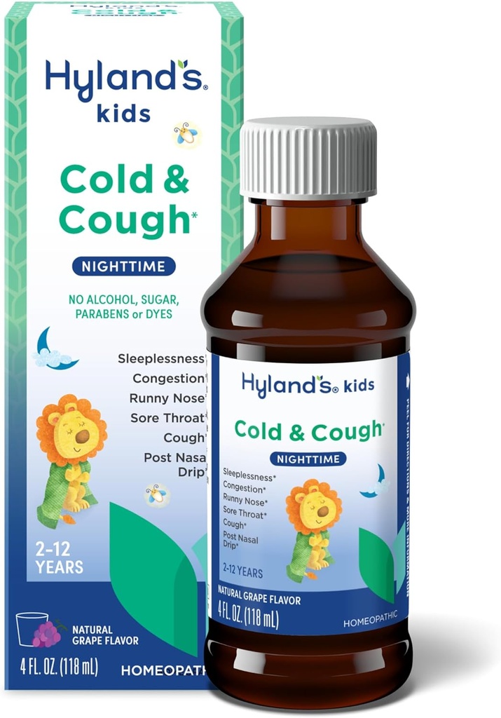 Hyland's Kids Külm ja köha, öine viinamarjamaitse Köha siirupi ravim lastele vanuses 2 ja üle selle, dekongestant, valulik kurk ja unetuse leevendamine tavalised külma sümptomid, 4 Fl Oz