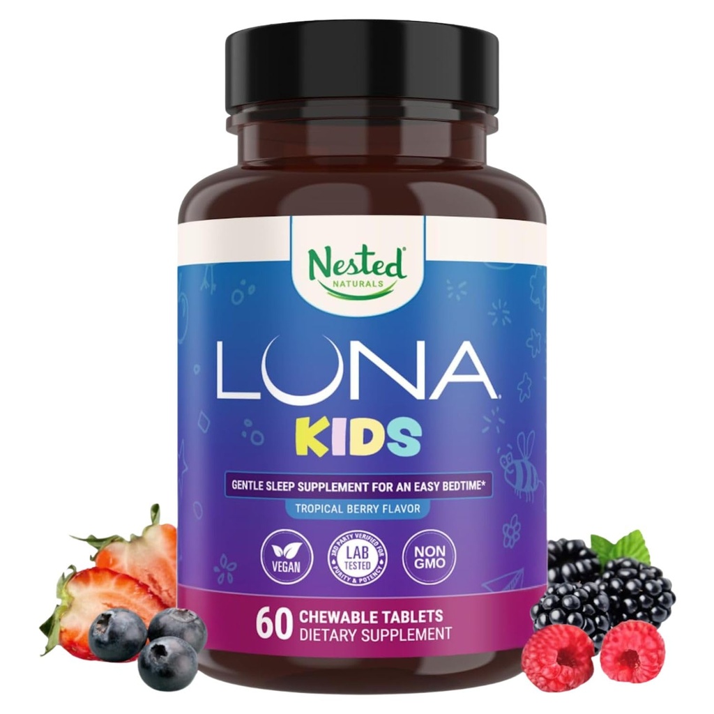 LUNA Kids | # 1 uneabi tabletid lastele 4+ ja tundlikele täiskasvanutele | looduslikult hangitud koostisosad | 60 x närimistabletid | õrn, taimne lisand kummeliga, melatoniiniga, Valerian & Sidrun Balm