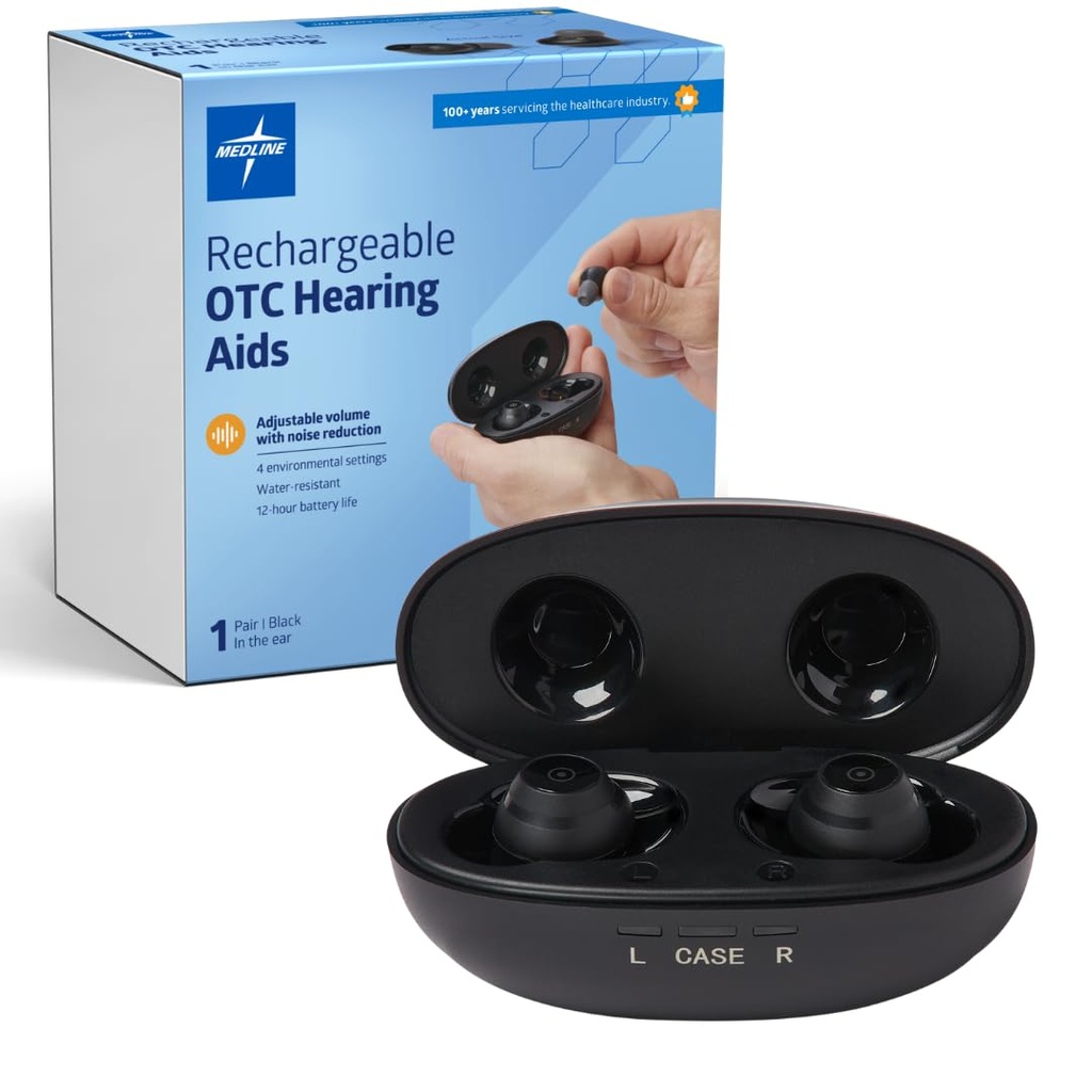 Medline Rechargeable OTC kuuldeaparaadid, must, in-The-Ear, 4 keskkonna seaded, veekindel, reguleeritav maht, kerge kuni mõõdukas kuulmislangus, müra vähendamine, kõrvaklapi kuulmise abivahendid