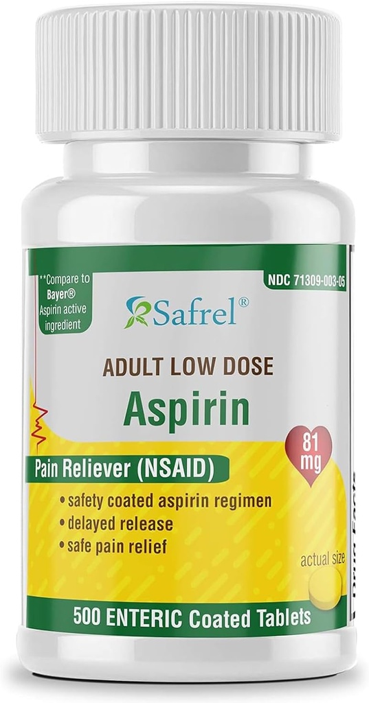 Safrel Generic Bayer Baby Aspirin 81 mg ( 500 soolestikuga kaetud tabletti ) | Täiskasvanu väikese annusega Tugevus Turvaline valureliiver ( NSAID ) väiksemate valude korral | Väärtuspakett