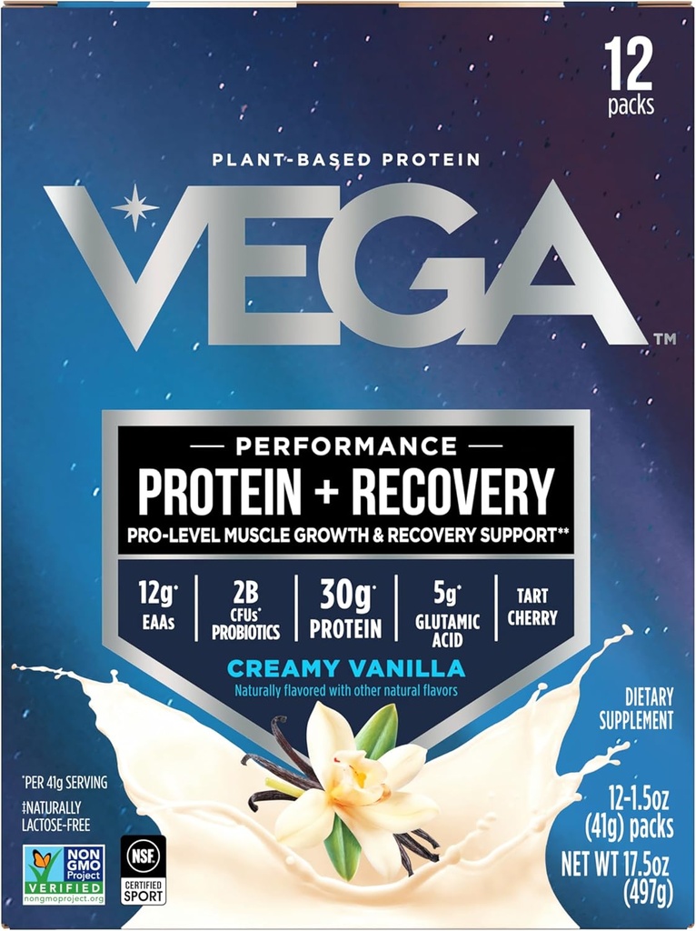 Vega valk + taastamine - 30 g taimepõhist valku serveerimise kohta, Vanilla, 12 x 1, 6oz kotikesed, 5 g BCAA-d, probiootikumid, NSF-sertifitseeritud, raputamiseks ja smuutideks, (pakendamine võib varieeruda)