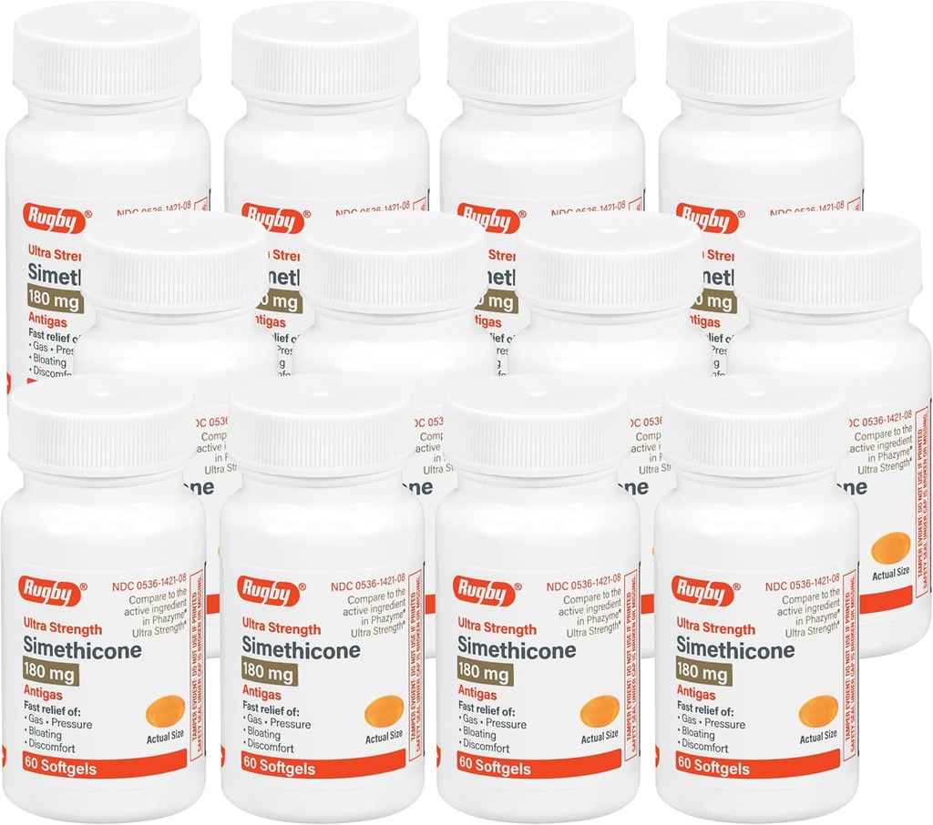 Rugby Ultra Tugevus Simethicone Gas Relief 180 mg - Maksimaalne gaas Relief täiskasvanutele - Võib Aidata Sümptomeid Flatulence, Bloating, Gaasi Täiuslikkus - 60 Softgels (12 Pack)