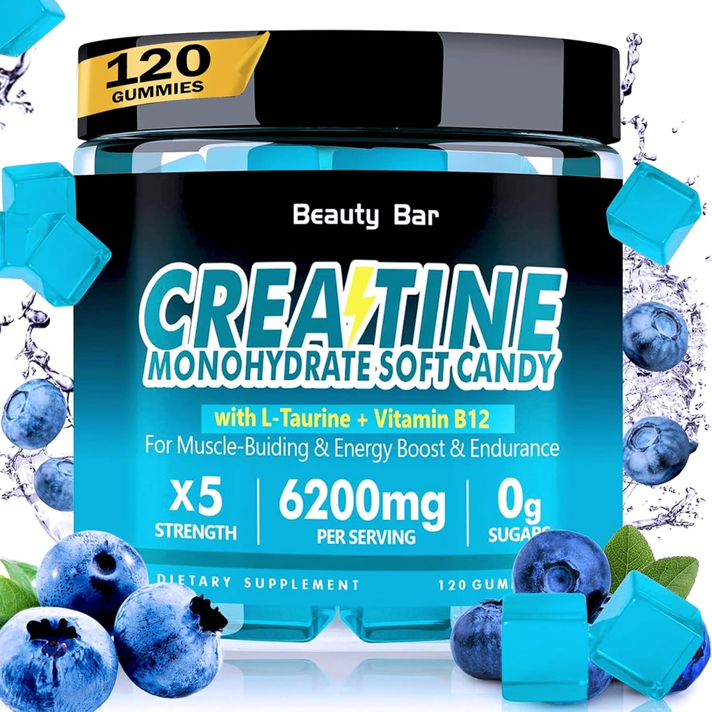 Kreatiinmonohüdraat Gummies, 6200mg meestele ja naistele, näritav kreatiin tõhustatud lihaste kasvuks, tugevuseks ja taastumiseks, suhkruvaba eeltreeningu täiendus, 120 krahv, mustika maitse