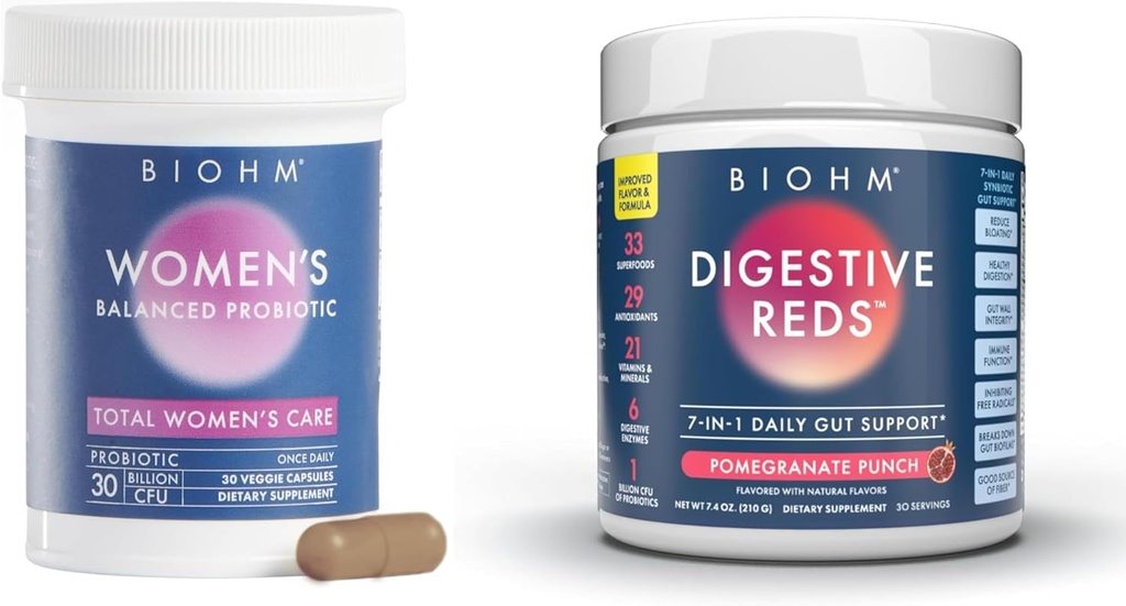 BIOHM Naiste probiootikumid 30B CFU & 210 oz Essential Digestive Reds Powder Bundle, Põhjalik Soolestiku Ja Vaginaalse Tervise Toetus, Rikas Antioksüdandid, Ensüümid, Vitamiinid