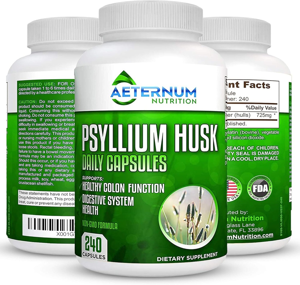 Aeternum Psyllium Husk Caps USA Made - Premium Kõik looduslikud kiudainelisandid - 240 Husk Pulber Kapslid 725 Mg ühe serveerimise kohta, toetab tervislikku seedesüsteemi - kõik looduslikud 100% lahustuvad
