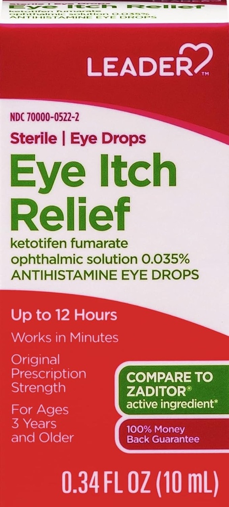 LEADER steriilsed silmatilgad silmaallergia ja sügeleva leevenduse jaoks, ketotifeenantihistamiini lahus 0,035%, töötab minutites, kuni 12 tundi, retsepti tugevus 0,34 oz