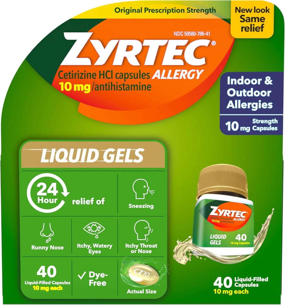 Zyrtec 24-tunnine allergia leevendamine Vedelad geelid, antihistamiinikapslid koos tsetirisiini HCl allergiaga Meditsiin igapäevaseks raviks runny nina, aevastamine, sügelevad silmad & rohkem, 40 krahv