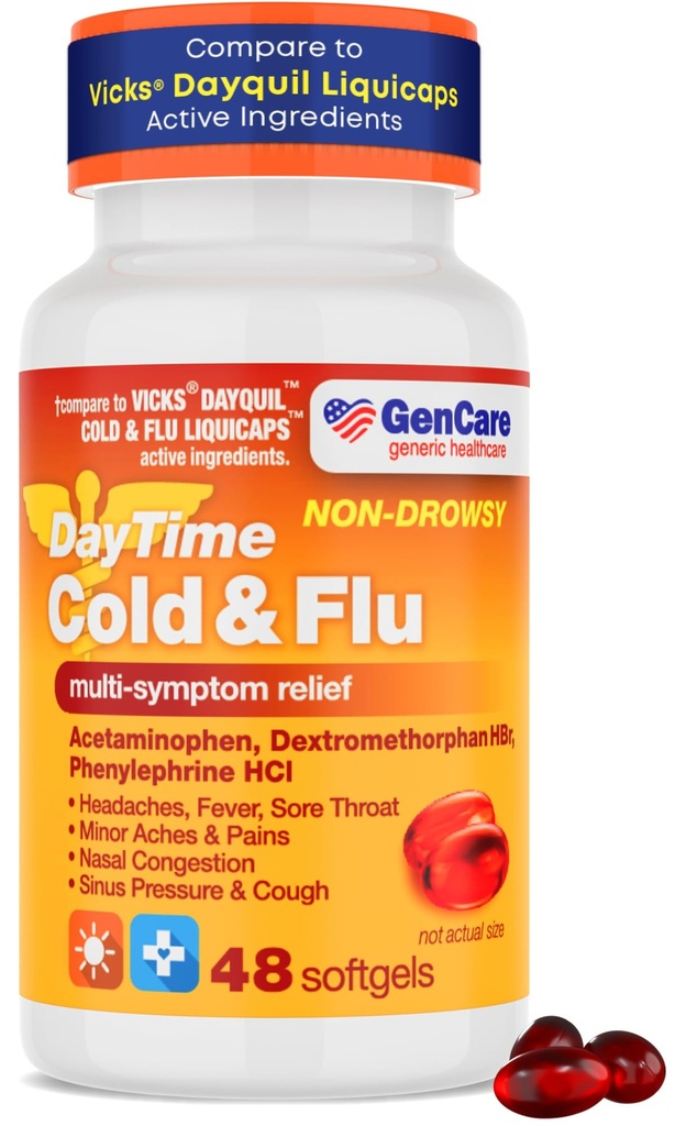 GenCare - Multi Sümptom Mitte uniseks Päevane Külm & Gripi Relief Atsetaminofeen 325mg, Dextromethorphan HBr 10mg, Phenylephrine HCl 5mg (48 Softgels) Non Habit Forming Pain Reliever & Nina dekongestant