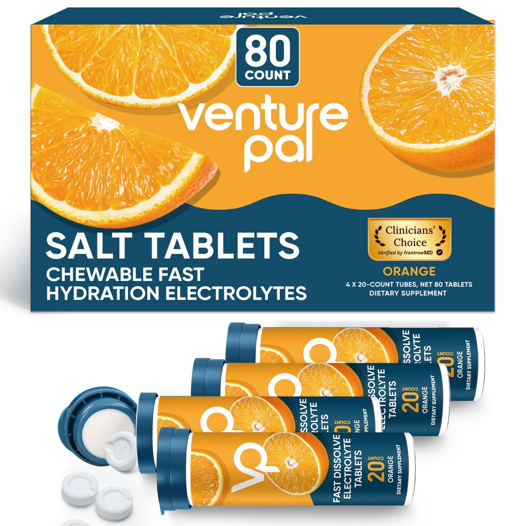 Venture Pal närimistabletid, 80 loe kiiresti lahustuvad suhkruvabad pulgasoola tabletid - sordipakett kiireks hüdreerimiseks, välijooksuks, matkamiseks, spordiks | Keto & Vegan Sõbralik | 4 Pack