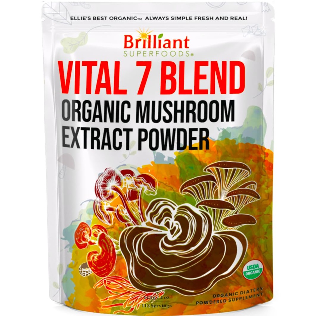 Ellie parim 7 Seenepulber ekstrakt Blend Supplement Organic 114 Servings High Potency Double Extracted Cordyceps, Reishi, Türgi saba, Chaga, Lõvi Mane - 4oz