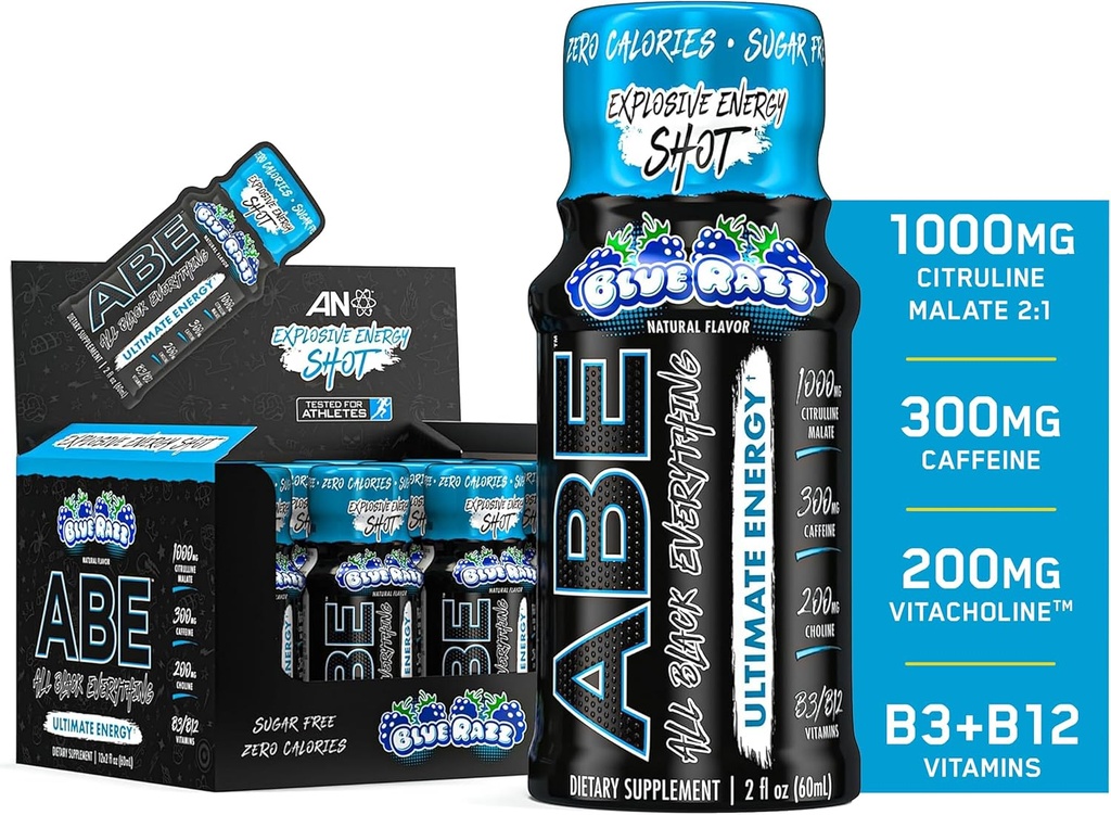 Kõik must kõik energiakaadrid | 12 Pack | 300mg Kofeiin | Blue Razz | Zero Sugar | Energy Focus Supplement | Nootropic Blend jõusaali või töö