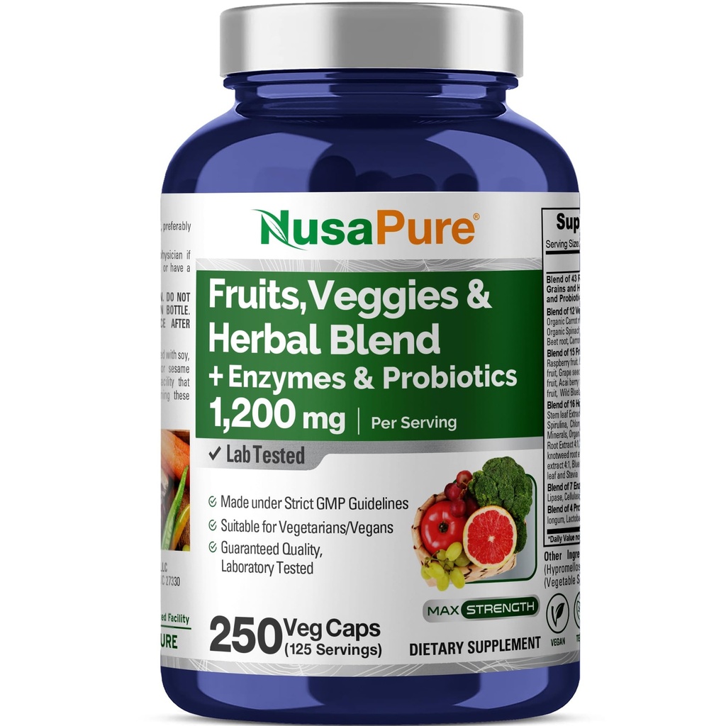 NusaPure 43 Puuviljad ja köögiviljad Taimne segu, 11 ensüümid ja probiootikumid, 1200 mg, 250 köögiviljakapslit (GMO-väline, vegan)