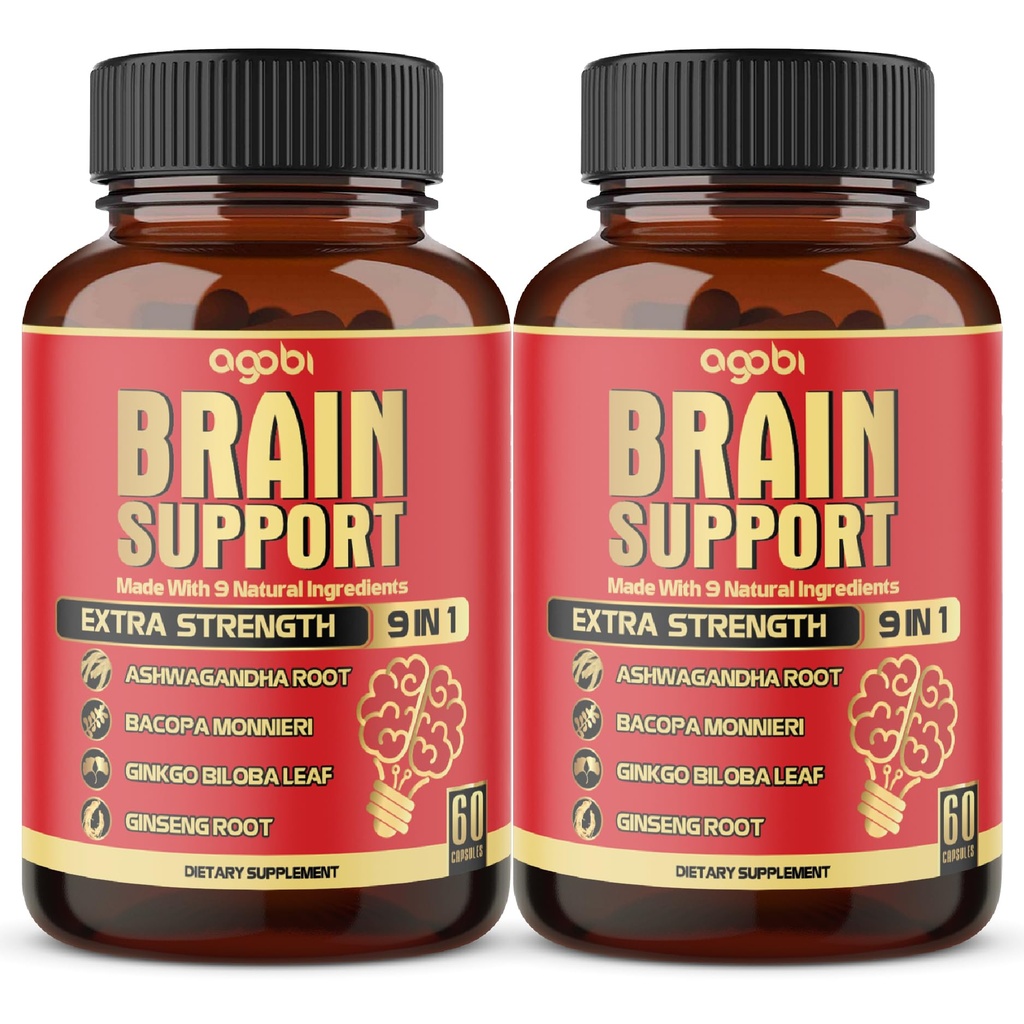 agobi 9in1 Brain Support Supplement - 2 pakendit 60 loeb segatud ashwagandha, Panax ženšenn, Gotu Kola, Ginkgo, Black Pepper & More - täpsus, fookus, mälu ja energia tootmise tugi