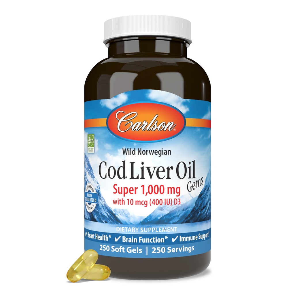 Carlson - tursamaksaõli geemid, Super 1000 mg, 250 mg Omega-3s, 400 IU (10 mikrogrammi) D3-vitamiin, looduslikult püütud Norra Arktika tursamaksaõli, Põhjamaade kalaõli kapslid, 250 Softgels