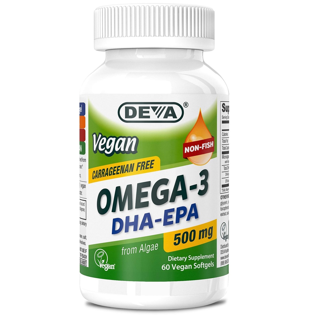 DEVA Vegan Omega-3 DHA-EPA 500MG – No Carrageen, non-kala õli saadud vetikad, Non-GMO, 60 želatiin-free Softgels