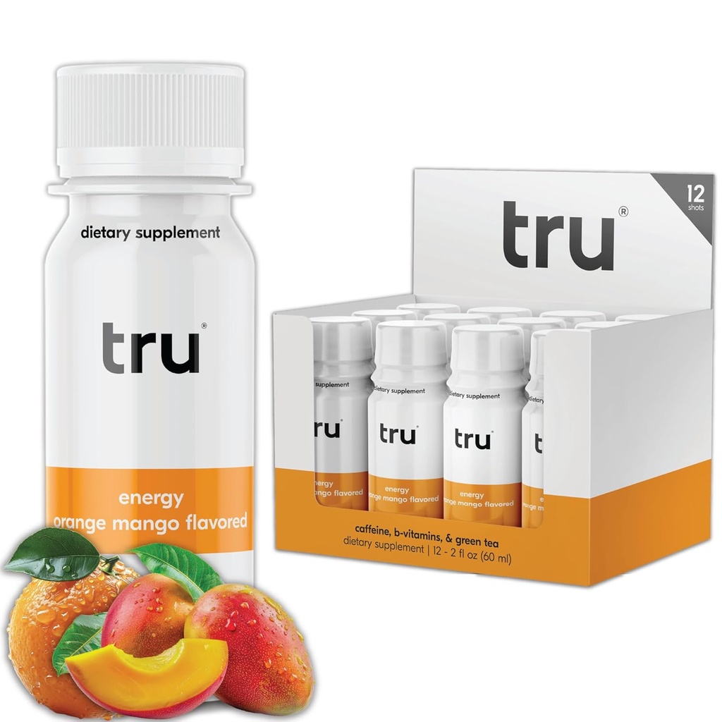Tõeline energiajook, ekstra tugev energiajook loodusliku kofeiiniga, roheline tee, B-vitamiinid B3, B6 ja B12, null suhkur ja kalorid, Keto, Vegan, Gluteenivaba, oranž Mango, 2 FL OZ pudelid, 12 Pack