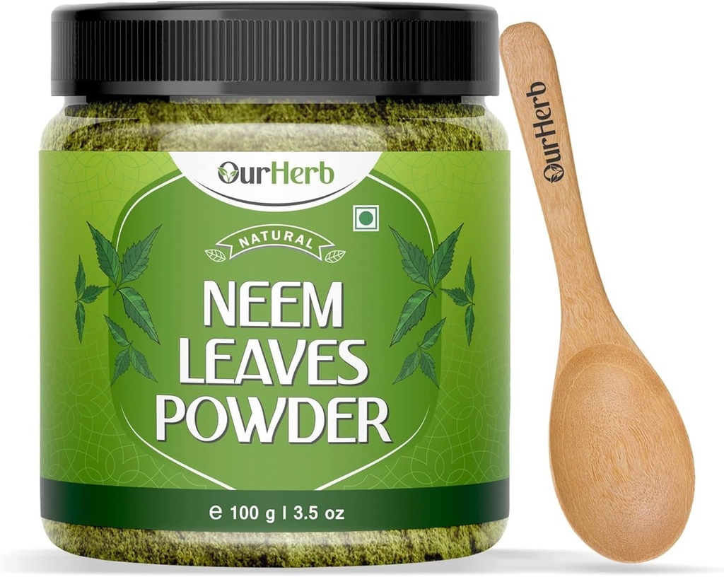 Neem Lehed Pulber Looduslik lahendus Pimple-Free Clear Skin & Siidised juuksed, ideaalne näopakendid, juuksehooldus ja pigmentatsiooni tugi puidust lusikaga - 100 g | 3,5 Oz