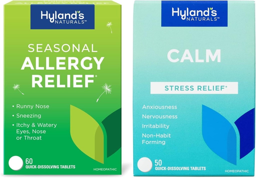 Bundle of Hyland's Indoor and Outdoor, Non Drowsy Seasonal Allergy Relief Pills 60 CT ja Calm Tablets, Natural Relief of Ärevus, Närvilisus, stress ja ärrituvus 50 CT