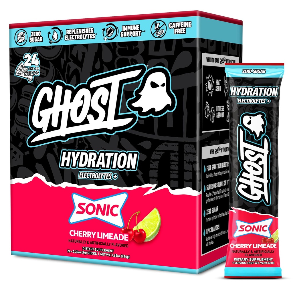 GHOST hüdratsioonipaketid, Sonic Cherry Limeade, 24 pulgad, elektrolüüt pulber - joogisegu lisandiga magneesium, kaalium, kaltsium, C-vitamiin - vegan sõbralik, soja, suhkru ja gluteeni vaba