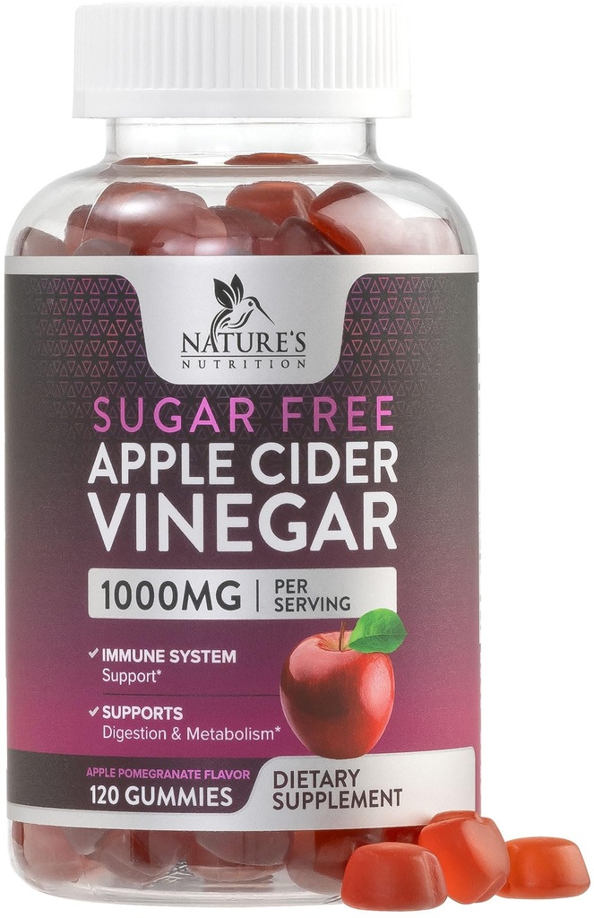Õunasiidri äädikakummid kehakaalu langetamiseks 1000mg - Vegan Õunaäädikakummi Detox & Cleanse jaoks, ACV toidulisandid, vitamiin B12, suhkruvaba ACV Gummy, Non-GMO, Nature's Nutrition - 120 Gummies