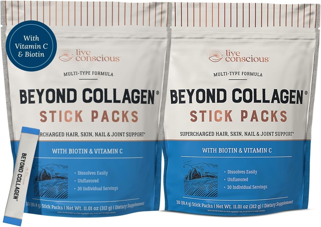 Live Conscious Beyond Collagen Peptides Pulber Maitsestamata paketid-Hydrolyzed kollageen Pulber-Hair Naha küünte & ühine tugi - Multi-tüüpi kollageeni täiendused naistele ja meestele 30 Pack (2pk)