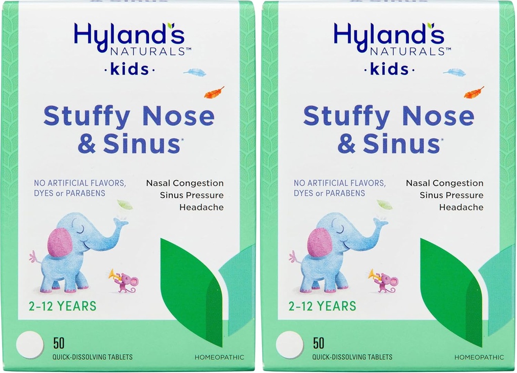 Hyland's Naturals Kids Stuffy nina ja siinus tabletid, külma ja allergia ravimid lastele vanuses 2 ja vanemad, peavalu leevendamine ja nina dekongestant, kiire lahustamine tabletid, 50 loend (pakk 2)