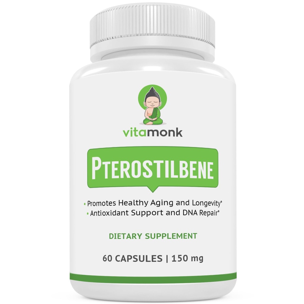VitaMonk Pterostilbene 150mg kapslid Ei kunstlikke täiteaineid - Soja vaba Trans-Pterostilbene täiendus, mis soodustab tervislikku vananemist ja pikaealisust - 60 Veggie-Caps - täiustatud resveratrool