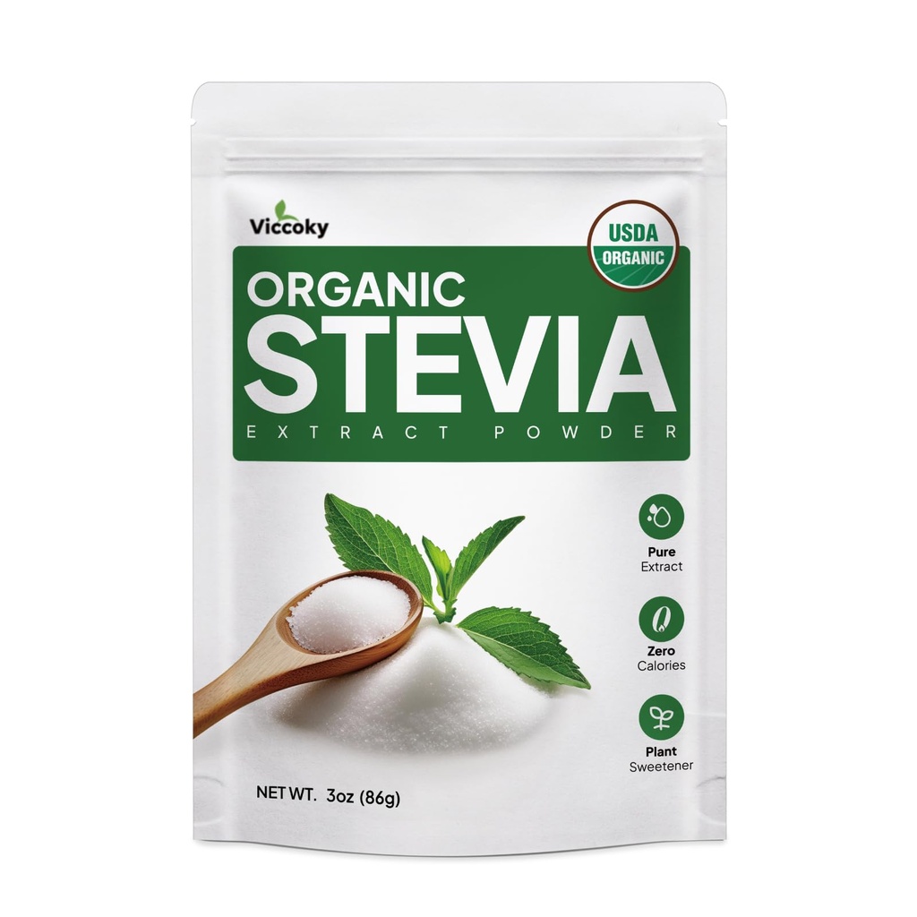 Viccoky orgaaniline Stevia pulber 3oz (86g), puhas stevia ekstrakti pulber, suhkruvaba ja 0 kalorit, lisandeid ei ole, suhkru asendaja, looduslik magusaine