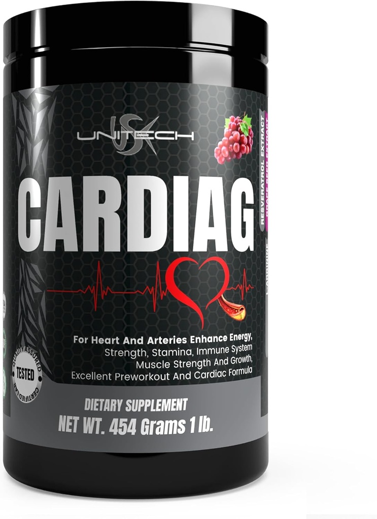 Unitech USK Cardiag Viinamarjapulber | Looduslik täiendus L-arginiin, L-tsitrulliin, Viinamarjaseemne ekstrakt, Resveratrool ja Koensüüm Q10 | Viinamarjamaitse, 16 oz