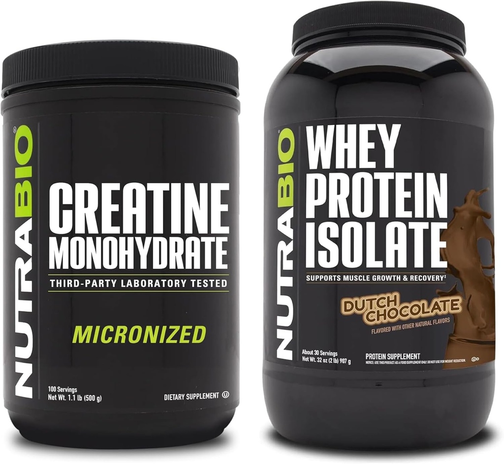 NutraBio kreatiini monohüdraat, maitsestamata, 500 g ja vadakuvalgu isolaat, Hollandi šokolaad, toidulisand Bundle - lihaste energia, lean lihaste kasv, taastumine ja tugevus