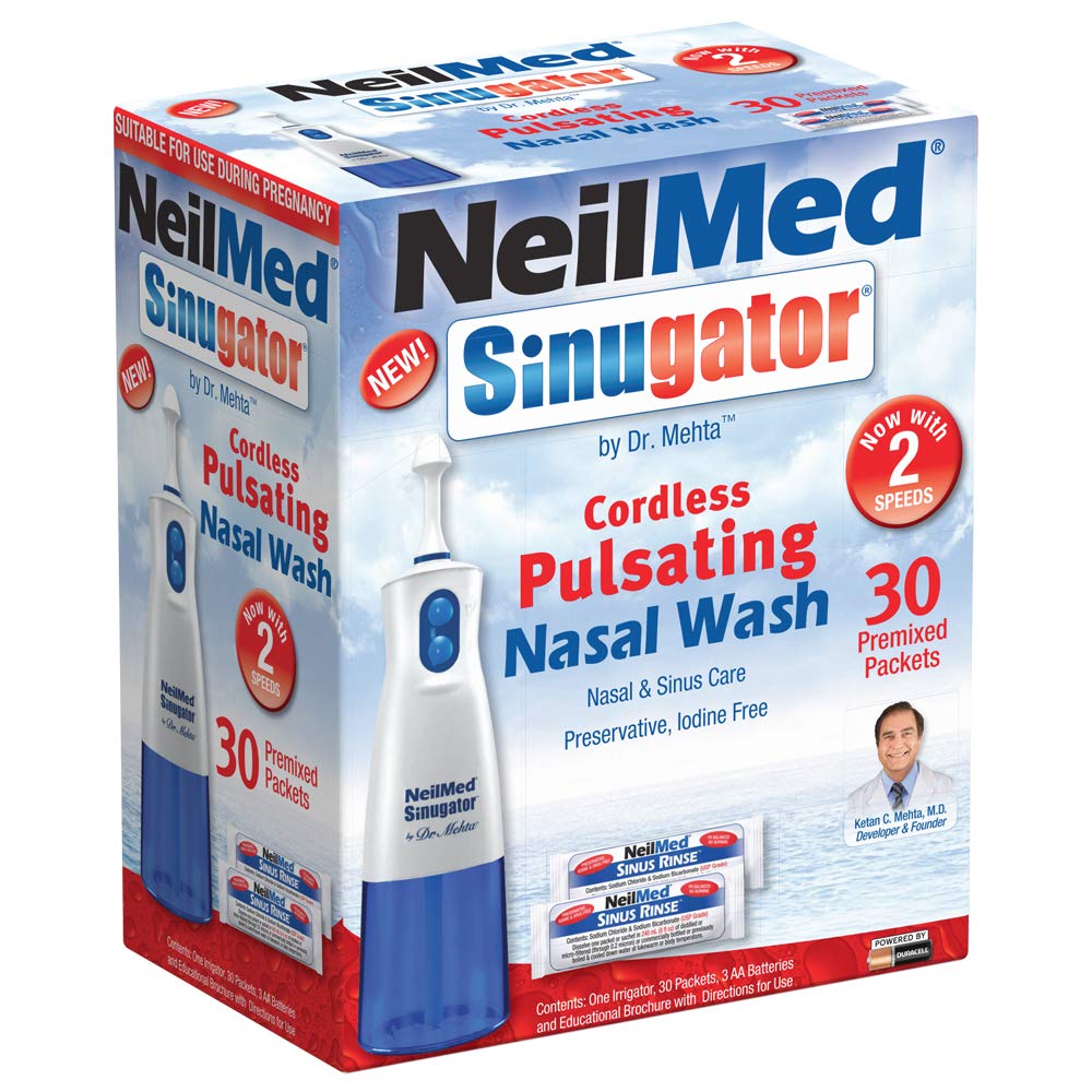 NeilMed Sinugator juhtmeta pulseeruv ninapesukomplekt ühe niisutusseadmega, 30 eelsegatud pakendiga ja 3 AA akuga (1 pakk)