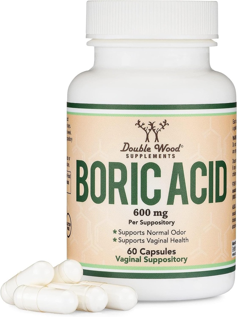 Boric Acid Suposiidid (600mg Vaginal Suppository, 60 Count) Toetab Vaginaalset pH tasakaalu, lõhnakontrolli (USP Medical Grade Fine Powder, Easy Dissolve, Third Party Tested) kahekordse puiduga