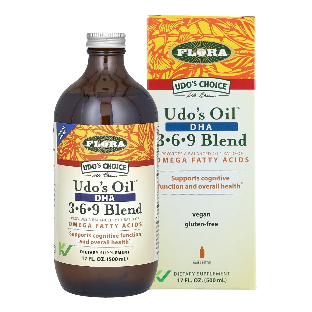 Flora - Udo õli DHA 3-6-9 segu - taimetoitlane silma ja aju tervise lisand - Omega-3 ja Omega-6 - sisaldab päevalille ja linaseemneõli - Kosher & Organic - Keep Chilled - 17 fl. oz.