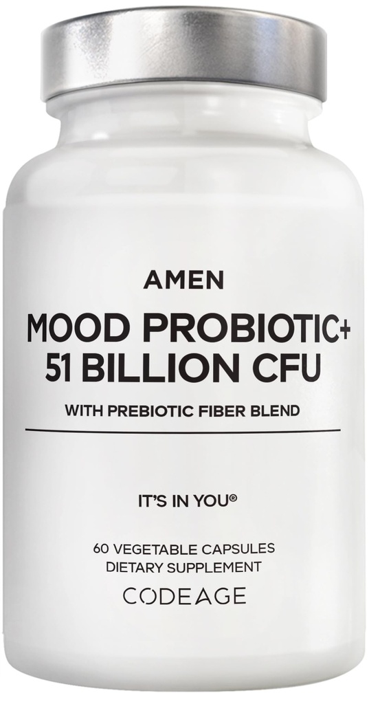 Amen Mood Probiootikumilisa 51 miljardit CFU - orgaanilised prebiootikumid ja probiootikumid - Acidophilus Probiootilised pillid, kiudained - meeleolu orgaaniline Ashwagandha, mustikad - Vegan & Non-GMO - 60 kapslit