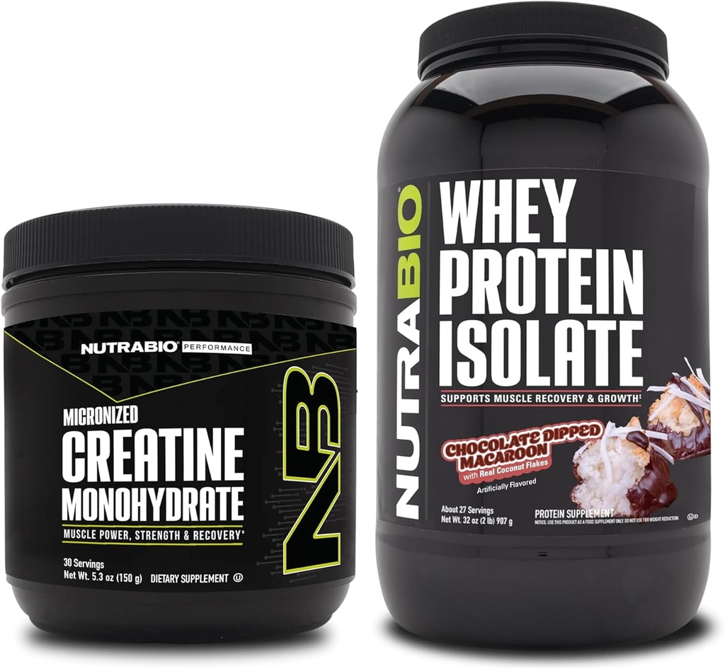 NutraBio kreatiini monohüdraat, maitsestamata, 150 g ja vadakuvalgu isolaat, šokolaadi kastetud makaron, toidulisand Bundle - lihaste energia, lahja lihaste kasv, taastumine ja tugevus