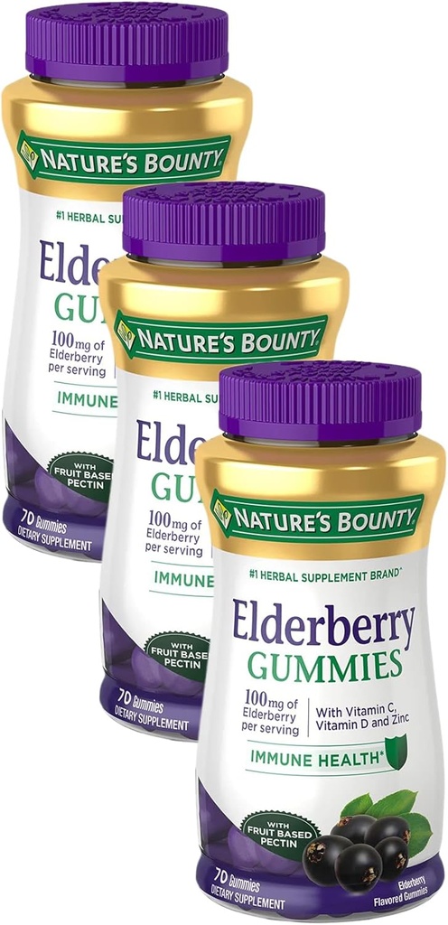 Looduse pearaha Elderberry Gummies, toidulisand, toetab immuunsüsteemi tervist, sisaldab A-vitamiini, C-, D-, E- ja tsink, 100 mg, 70 Gummies (3. pakk)