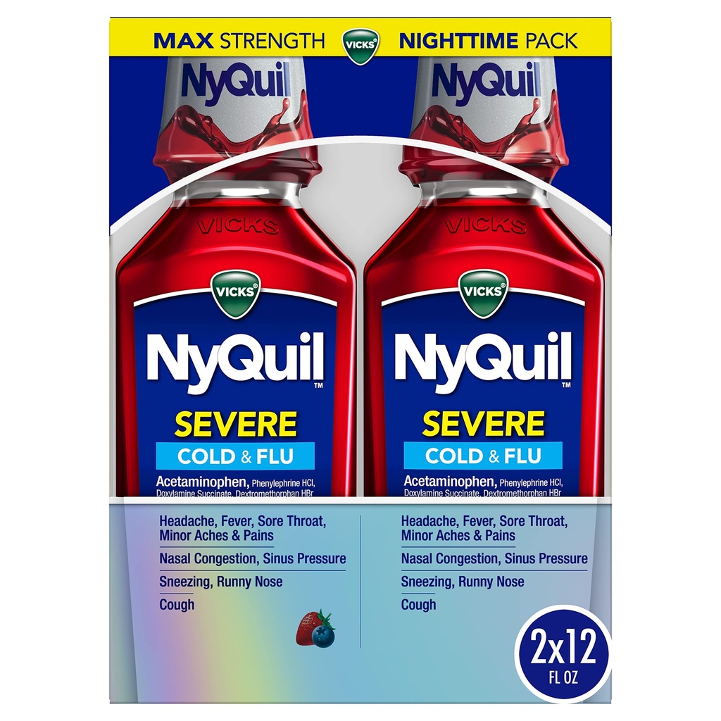 Vicks NyQuil raske külm, gripp ja ummistusmeditsiin, 2x12 fl oz kaksikpakend, marjamaitse, maksimaalne tugevus, öine leevendus