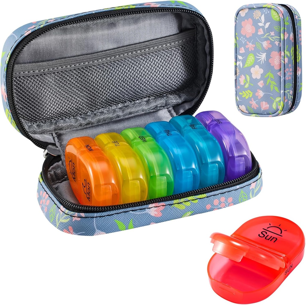 Serfeymi Weekly Travel Pill Korraldaja 2 korda päevas PM Täiustatud Vikerkaar Pill Box 7 päeva kaasaskantav Zipper PU Nahk pillid juhul, meditsiin Korraldaja pillid, vitamiinid, kalaõlid - Floral 02