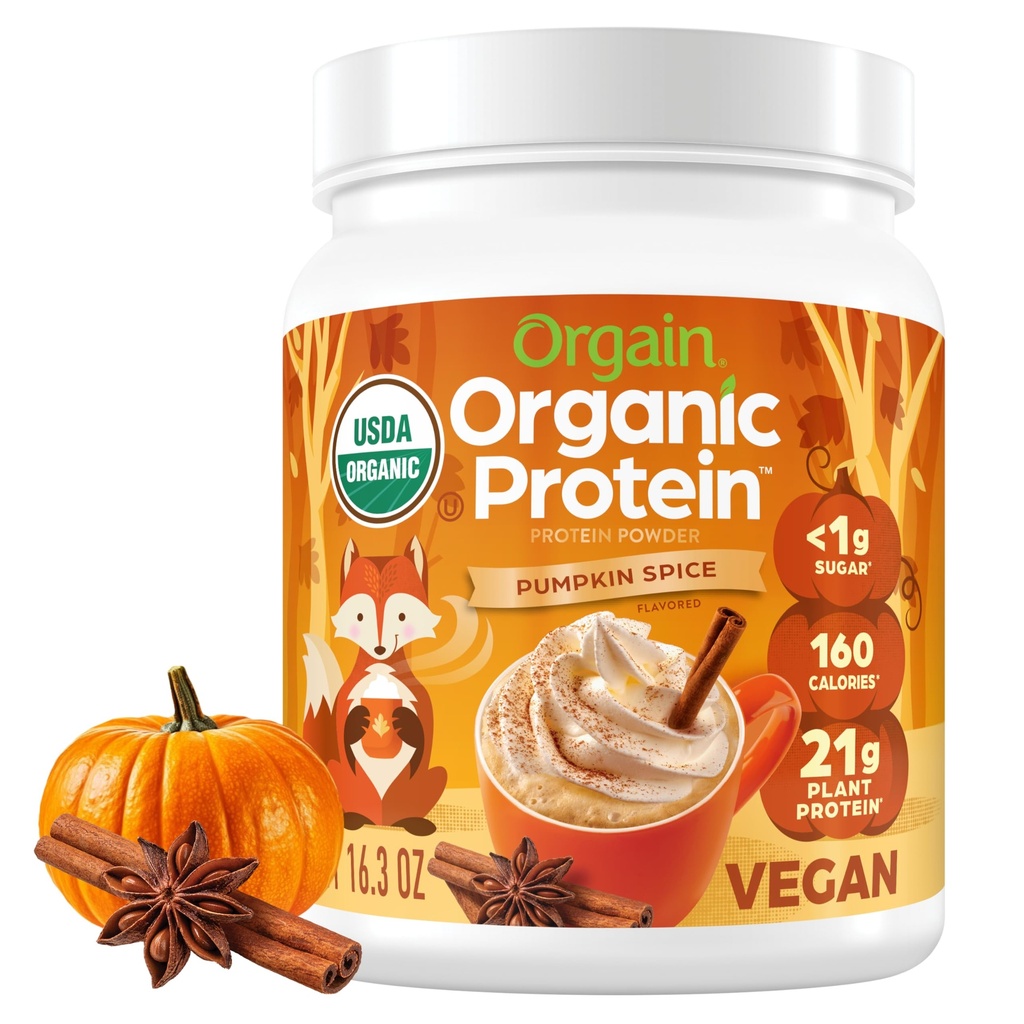 Orgaaniline veganvalgu pulber, kõrvitsa vürtsi hooajaline maitse - 21 g taimset valku, 5 g prebiootilist kiudainet, laktoosisisaldust, lisatud suhkrut, mitte-GMO, raputamiseks ja smuutideks, 1.02 lb